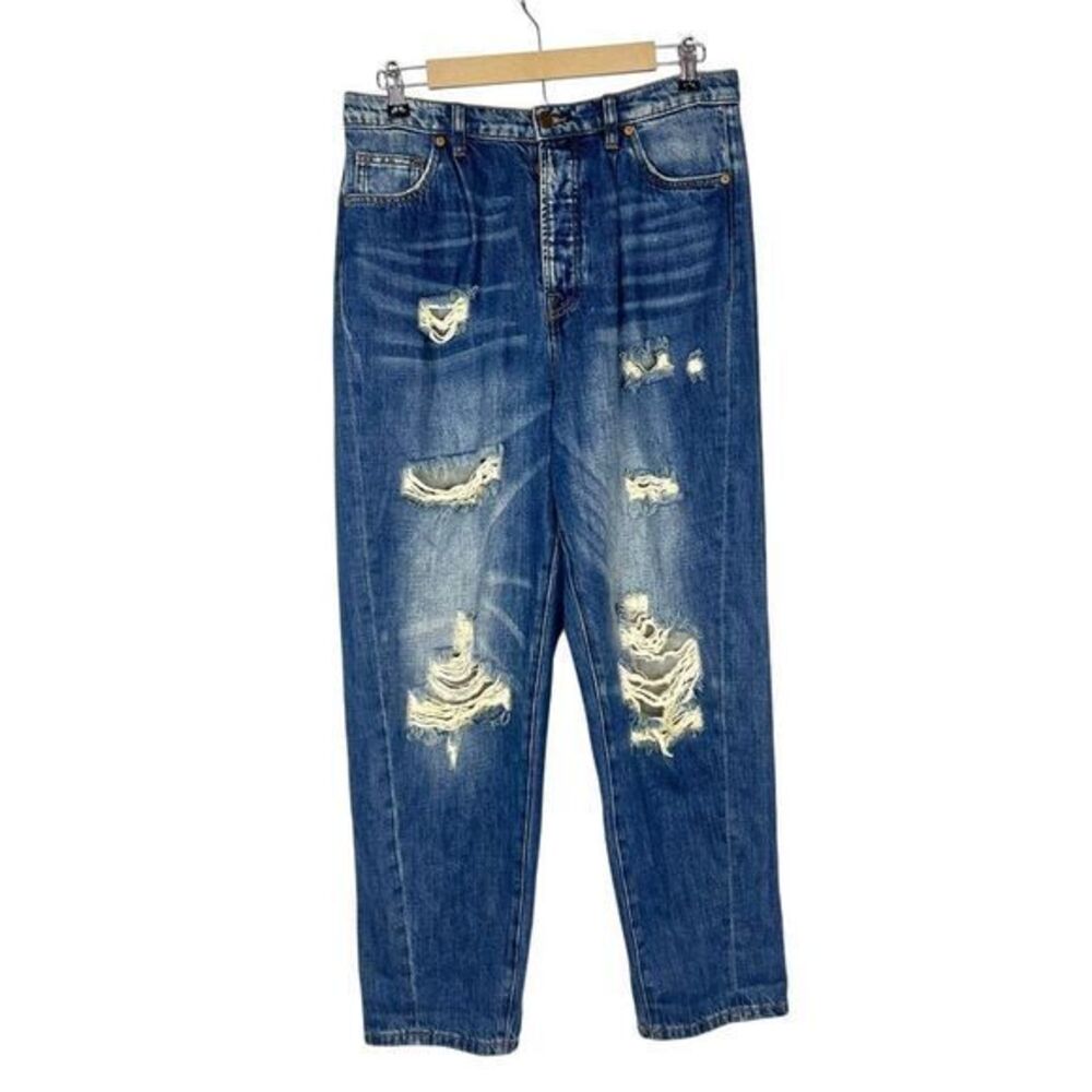 Sandrine Rose Jeans Womens sz 30 Blue Distressed Denim Free People Baggy Pleated